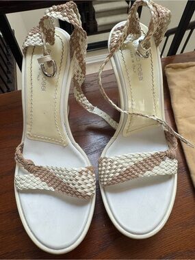 Sergio Rossi Braided Ankle Tie Sandals in White and Tan